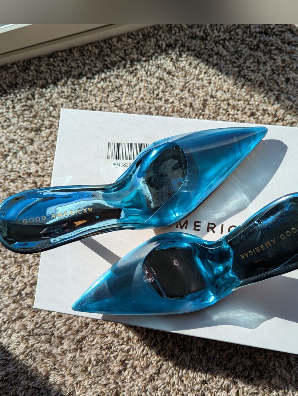 Good American Translucent Blue Pointed Toe Mule Heel